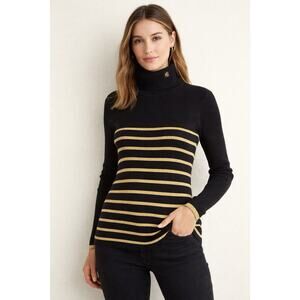 Lauren Ralph Lauren Black & Gold Stripe Sweater ✨ Ribbed Turtleneck M